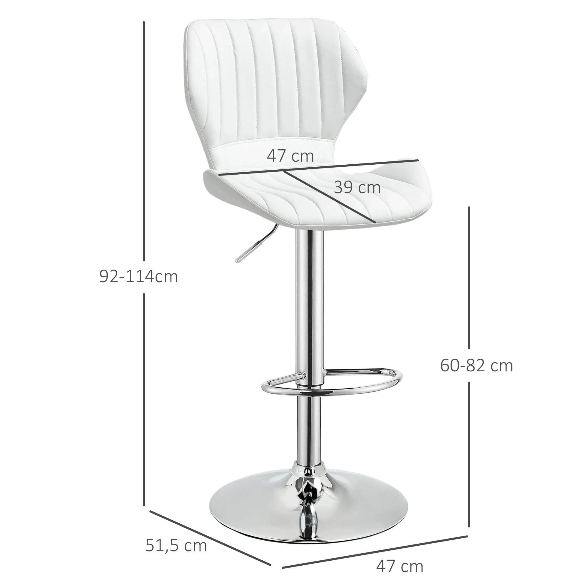 HOMCOM Juego de 2 Taburetes Altos de Cocina y Giratorio Taburetes Altos de Cuero Sintético con Respaldo y Estructura de Metal 47x51,5x92-114 cm Blanco - imagen 4