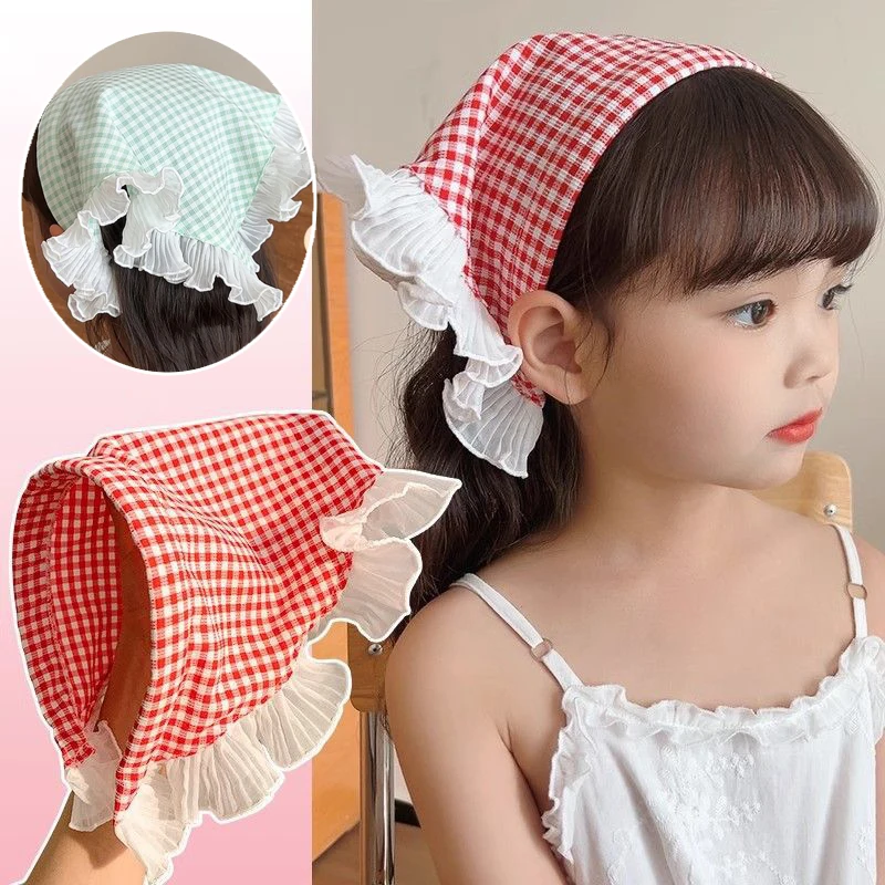 Pañuelo para la cabeza de princesa con volantes a cuadros de colores para niños coreanos, diadema antideslizante con borde de encaje, bufanda triangular, diadema para niñas y bebés, horquilla