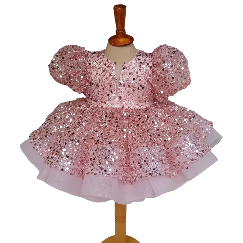 Vestido de princesa de lentejuelas rosas para niñas pequeñas, tutú de manga de burbuja de estilo europeo para desfile de moda, vestidos infantiles para niñas pequeñas
