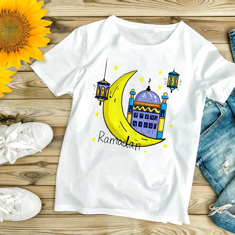 Camiseta con estampado de Luna y estrella de Ramadán para niños, camiseta de Ramadán Eid, conjunto para niñas y niños, Tops de manga corta, ropa musulmana islámica