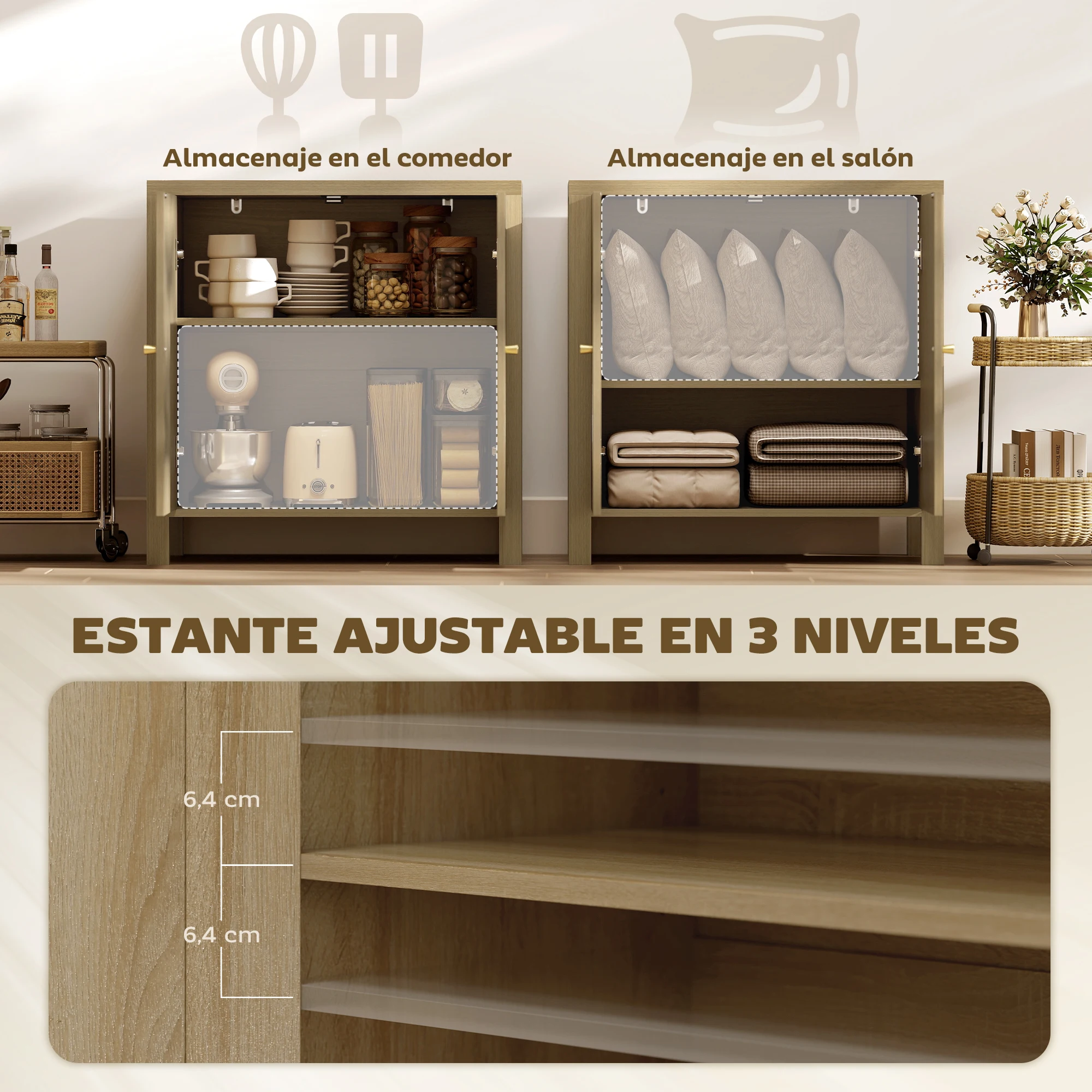HOMCOM Aparador de Cocina con 2 Puertas de Ratán Sintético, Mueble Auxiliar de Cocina con Estante Ajustable y 2 Tiradores, Mueble de Buffet para Comedor, Salón, 75x38x77 cm, Madera Natural - imagen 5