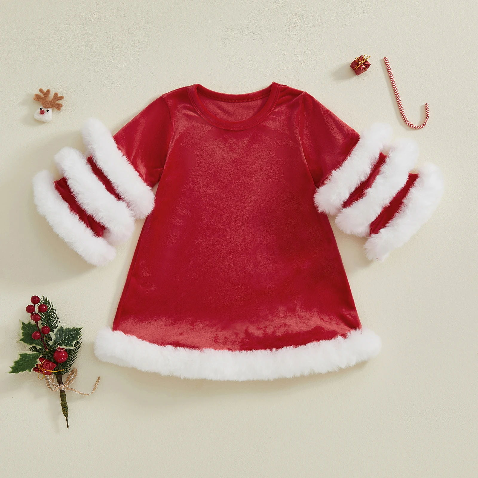 Vestido de invierno de terciopelo para niña pequeña de 1 a 5 años, vestido holgado con costuras y ribete de piel, vestido acampanado de manga larga para fiesta de Navidad