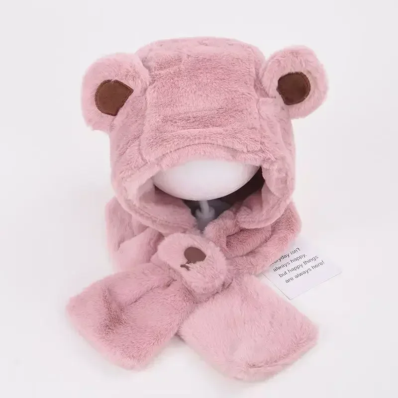 Gorro peludo cálido para bebé con bufanda, conjunto de oso de dibujos animados, gorro con protección para los oídos para niño pequeño con bufanda, gorros cálidos de felpa gruesos para invierno - imagen 3