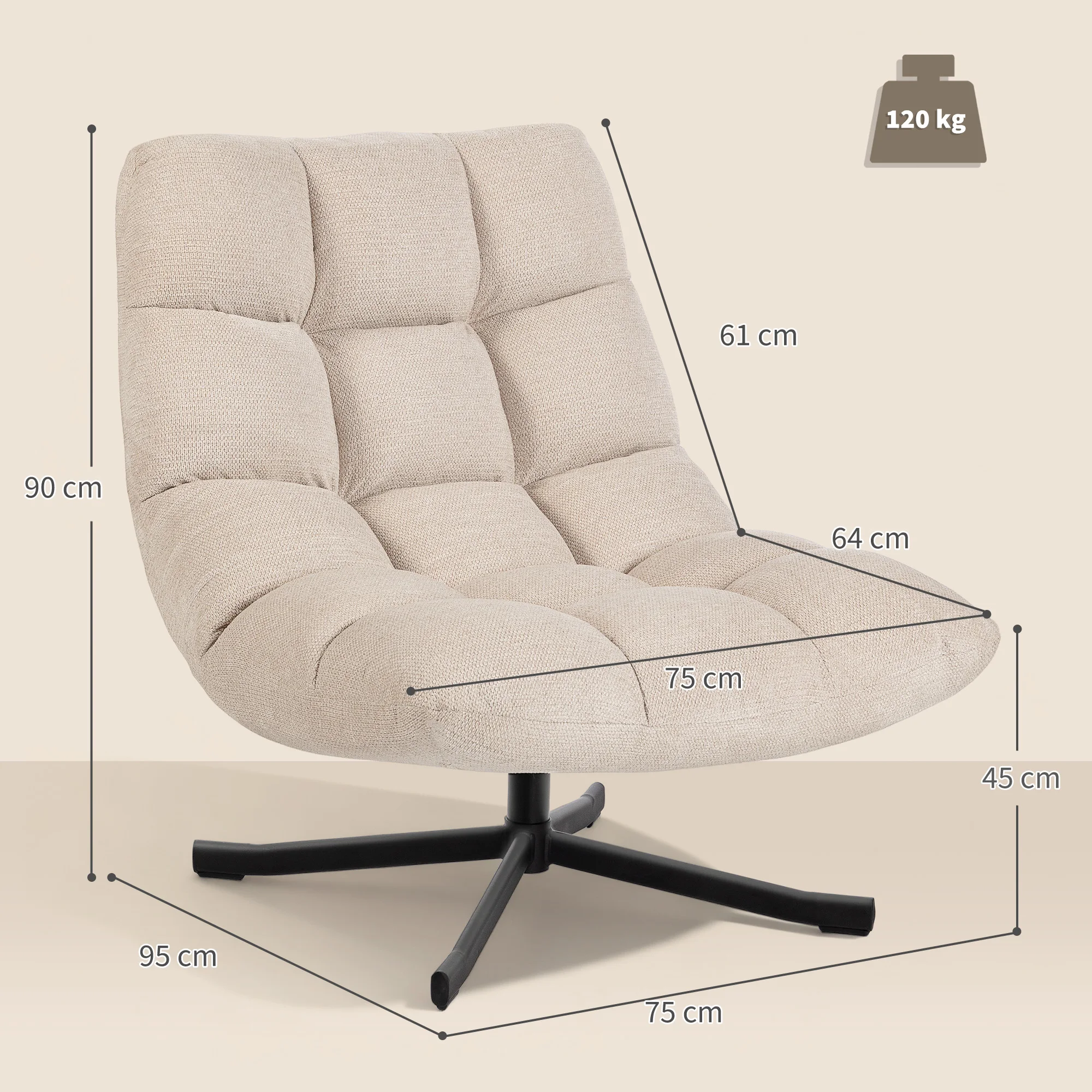 HOMCOM Sillón Giratorio Moderno, Butaca de Salón con Base de Cruz, Tapizado en Chenilla Impermeable, Asiento Extra Ancho y Patas de Acero, Sillón Relax para Sala de Estar, Dormitorio, Blanco Crema - imagen 3