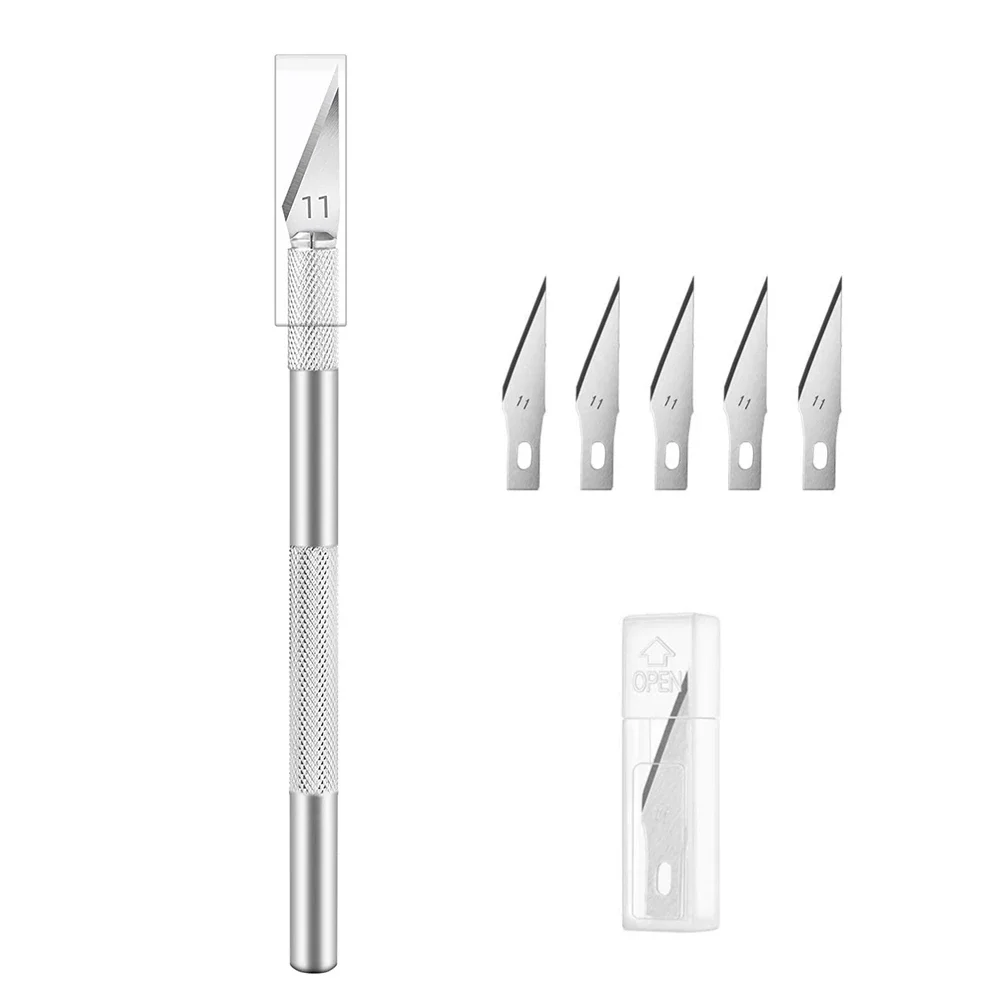 Kit de herramientas de cuchillo de bisturí de Metal antideslizante, cuchillos para manualidades de grabado + cortador de cuchillas de 5 uds., herramientas manuales de reparación DIY PCB para teléfono móvil
