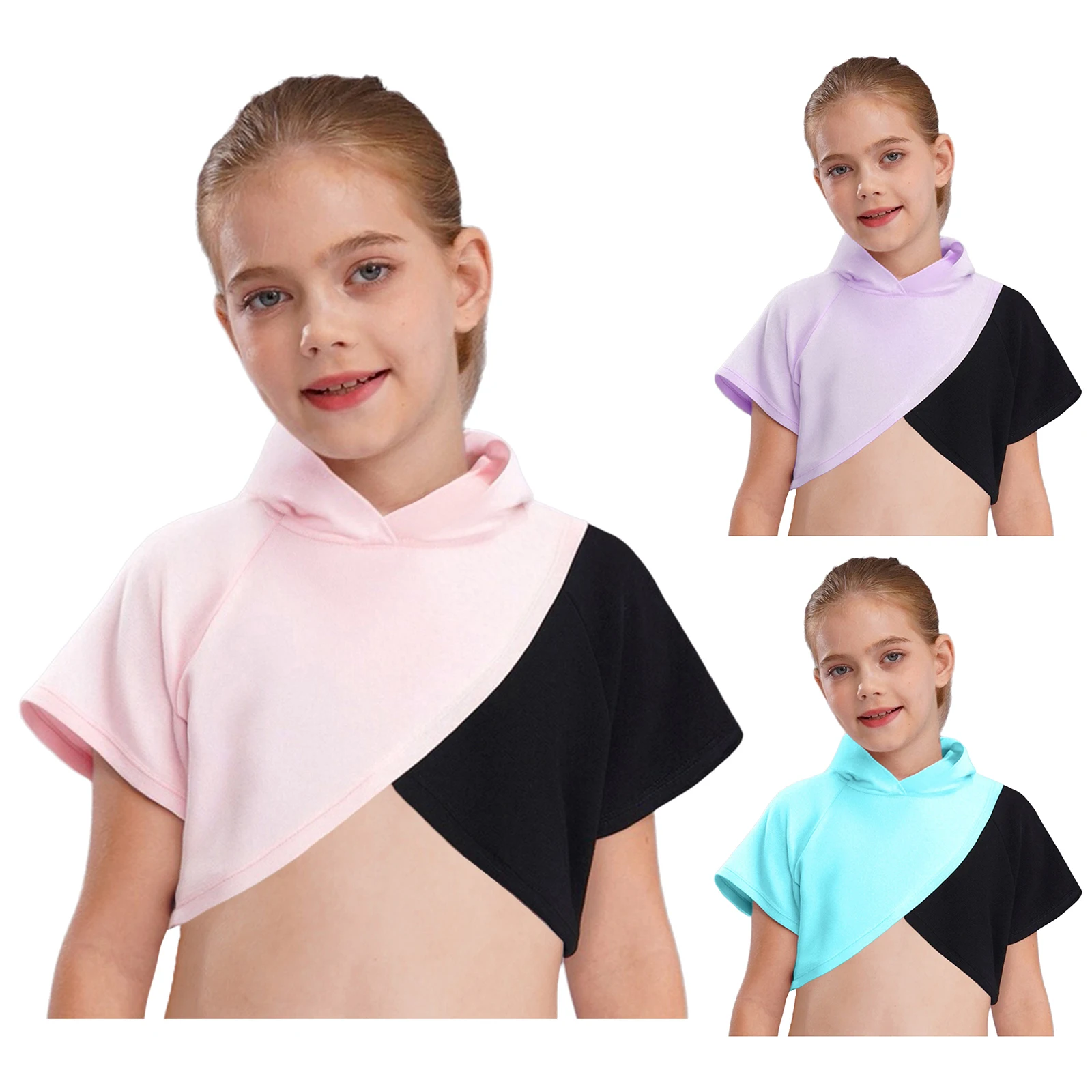 Tops de baile de Ballet para niñas, Sudadera con capucha de Hip-Hop, manga corta, bloque de Color, dobladillo Irregular, Top corto, Jersey deportivo con capucha - imagen 2