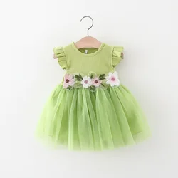 Vestido niña verano punto flores malla manga corta