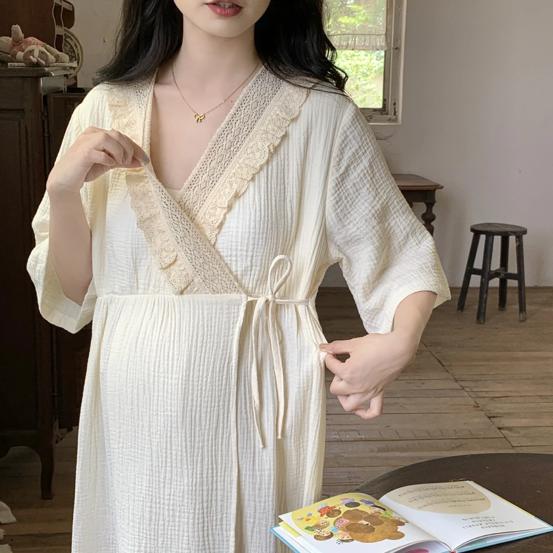 100% de algodón, ropa de dormir de maternidad para lactancia, vestido de noche de alimentación de manga corta, ropa de dormir de moda para mujeres embarazadas, salón en casa - imagen 4