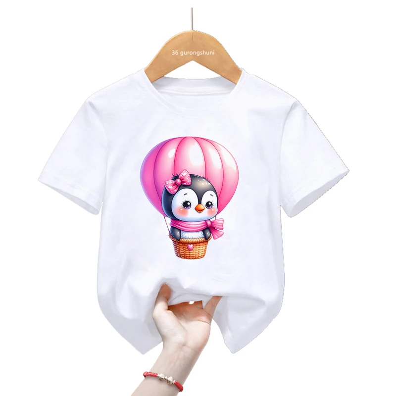 Camiseta con estampado de globos de amor de pingüinos Kawaii para niños y niñas, ropa divertida para niños, camiseta Harajuku, camiseta de moda de verano