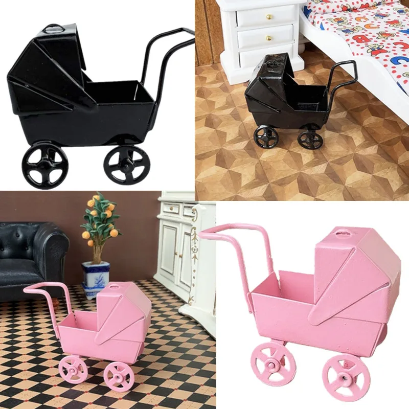 Nuevo Mini cochecito de hierro rosa para casa de muñecas a escala 1/12, modelo bonito, cochecito de muñecas en miniatura, juguetes, Mini casa, rueda pequeña, modelo de carretilla, decoración - imagen 2
