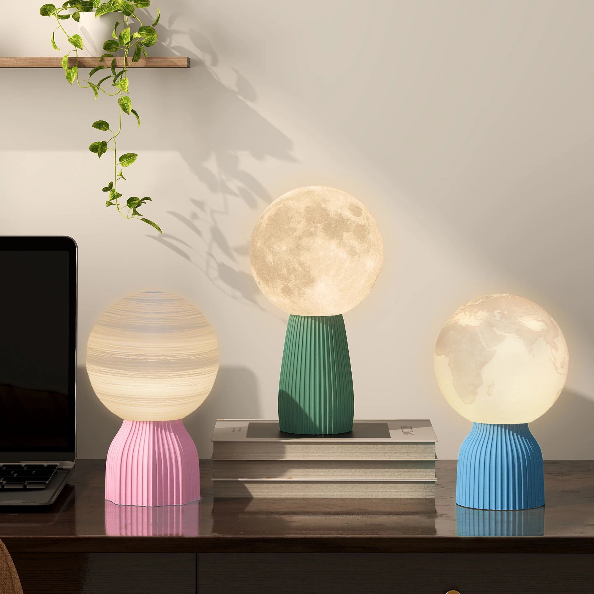 HOMCOM Juego de 3 Lámparas de Mesita de Noche 3D Lámparas de Mesa con 3 Colores Brillo Ajustable en 10 Niveles Conexión USB para Hogar Oficina Dormitorio Blanco - imagen 2