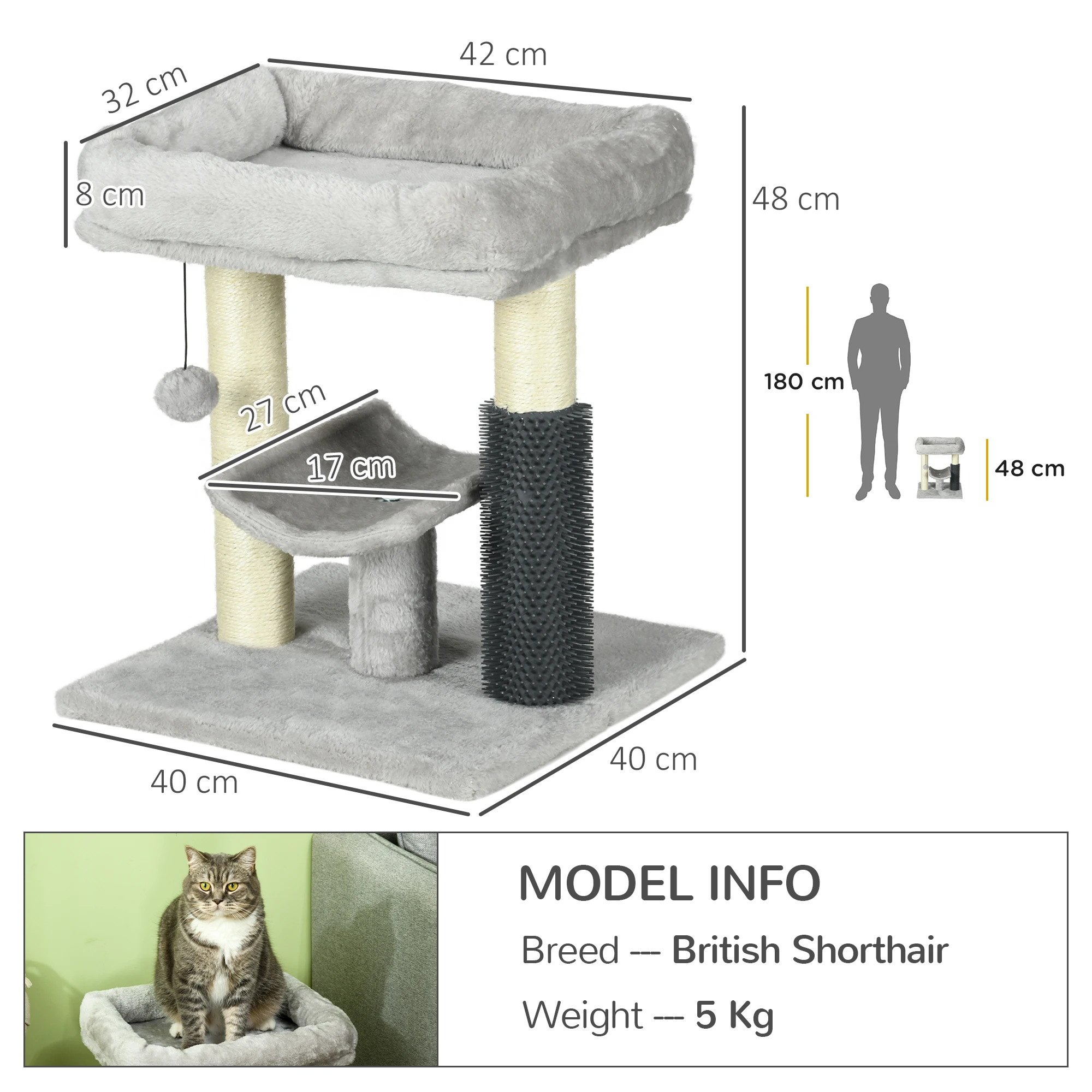 PawHut Rascador para Gatos Árbol para Gatos Altura 48 cm con 2 Postes Rascadores Cama Plataforma en U y Cepillo Bola Colgante Gris - imagen 3