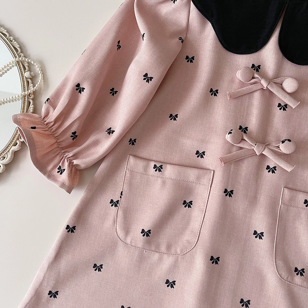 Milangel-vestidos de otoño para niños, ropa de princesa de retazos, dulce vestido de lazo con cuello Peter Pan para niñas de 2 a 7 años, novedad - imagen 5