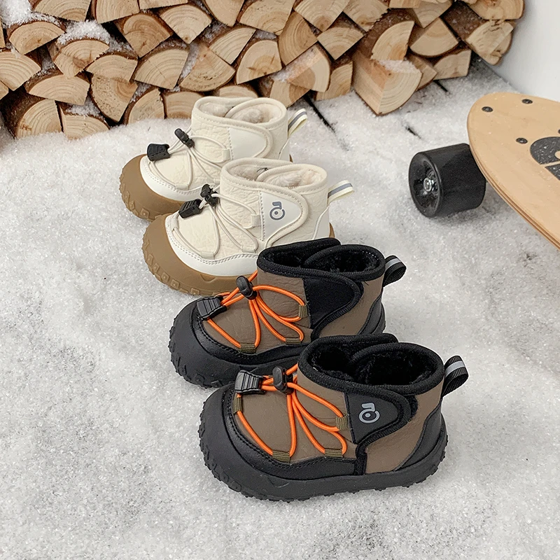 Otoño Invierno, botas de nieve para bebés y niños, zapatos para niños al aire libre, a prueba de viento, impermeables, antideslizantes, suela suave, botas gruesas de felpa para niños