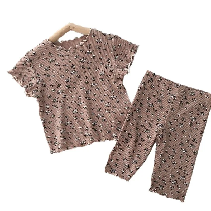 Ropa de dormir de verano de seda helada para niña, conjunto de pijama Floral con estampado bonito de Color café Beige para niños, Tops cortos de algodón suave, pantalones - imagen 5