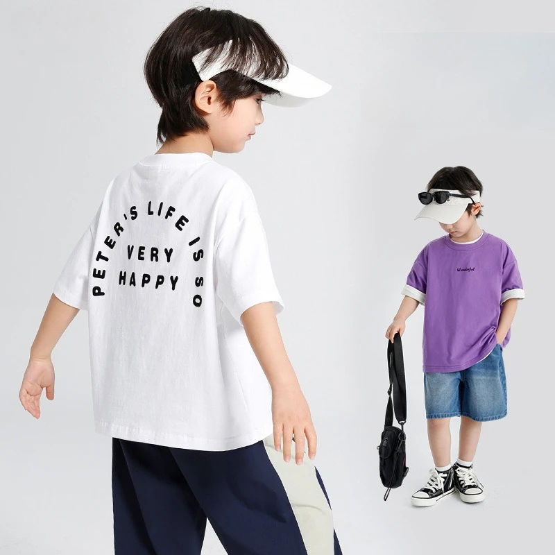 Camiseta de verano de manga corta de algodón puro con estampado de letras para niños, camisetas para niños de 110-160cm - imagen 2