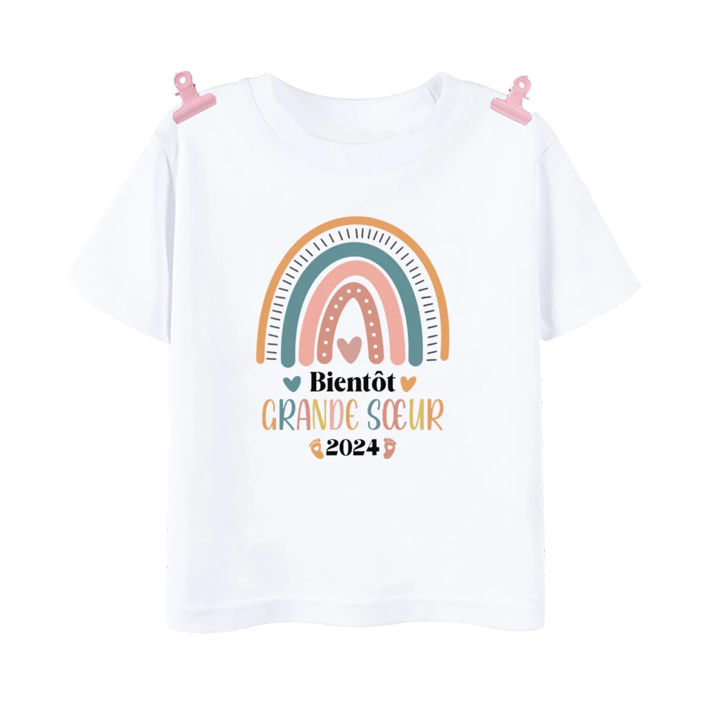 I Will Become A Big Sister Camiseta con estampado de arcoíris para niños, camiseta con anuncio de bebé, Tops estampados para niñas, camiseta de manga corta para niños - imagen 3