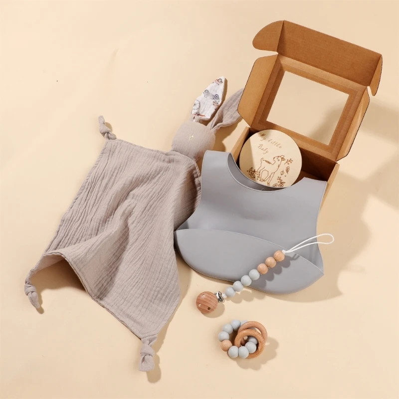 Toalla reconfortante de algodón de muselina para bebé, mordedor de conejito, anillo de madera, cadena de chupete para recién nacido, mordedor para bebé, juego de babero de alimentación de silicona - imagen 2