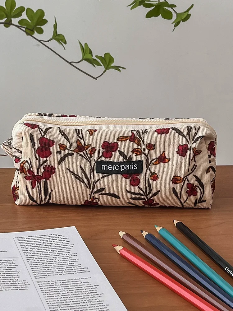 Estuche lápices pana con diseño floral vintage para escuela - imagen 5