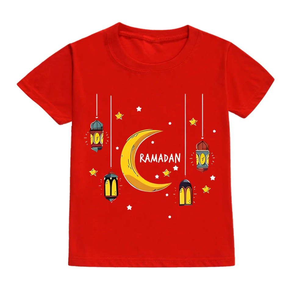 Ropa con estampado de Luna de Ramadán para niño y niña, camiseta Eid Mubarak para niño, camisa de manga corta para niño, traje de vacaciones musulmán islámico, Tops - imagen 5