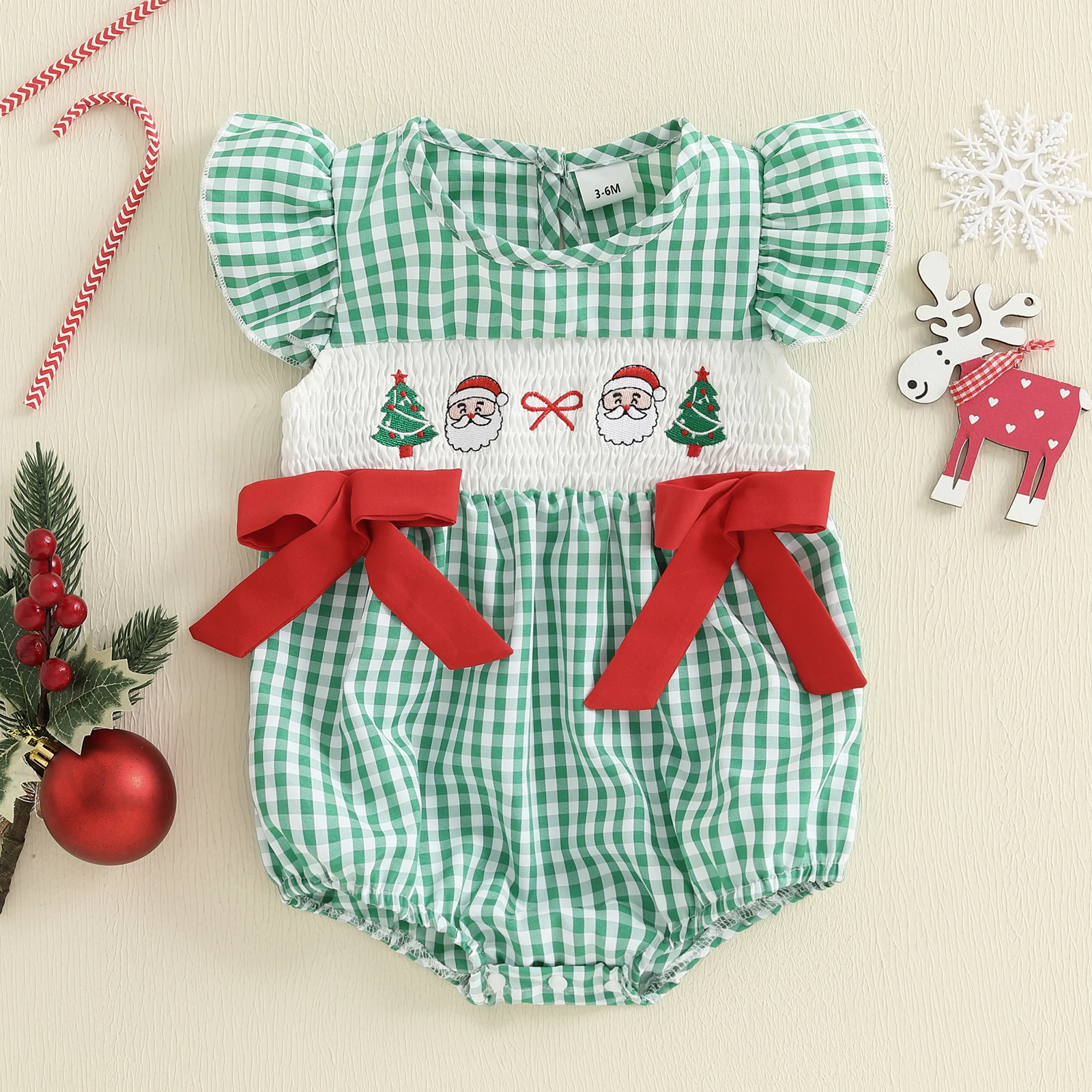Pelele a cuadros de Navidad para niñas de 0 a 18 meses, mono con cuello redondo y manga voladora con bordado de árbol de Papá Noel - imagen 2