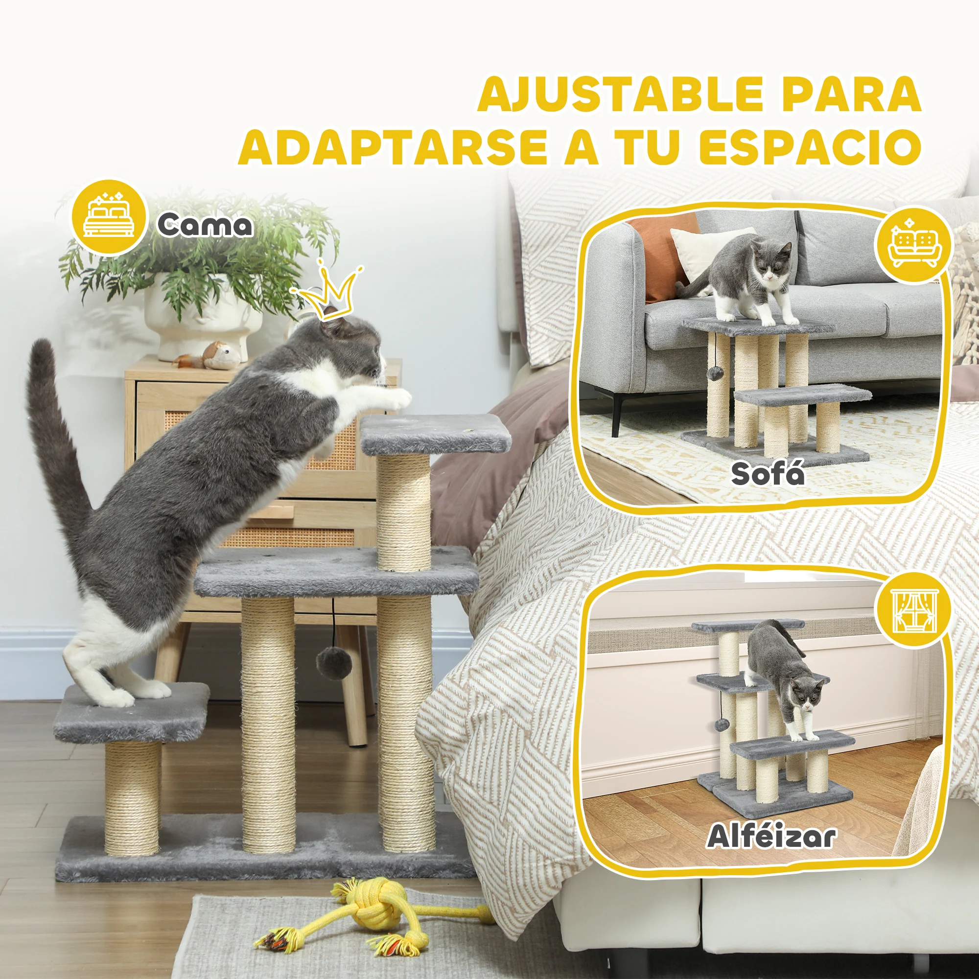 PawHut Escalera para Gatos de 3 Peldaños, Escalera para Mascotas, Estructura Ajustable, con Postes Rascadores, Bola Colgante, Carga 10 kg, para Cama, Sofá, 52x34,5x54 cm, Gris - imagen 5