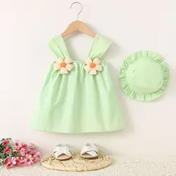 Vestido de verano sin mangas para niña con flores y sombrero – algodón