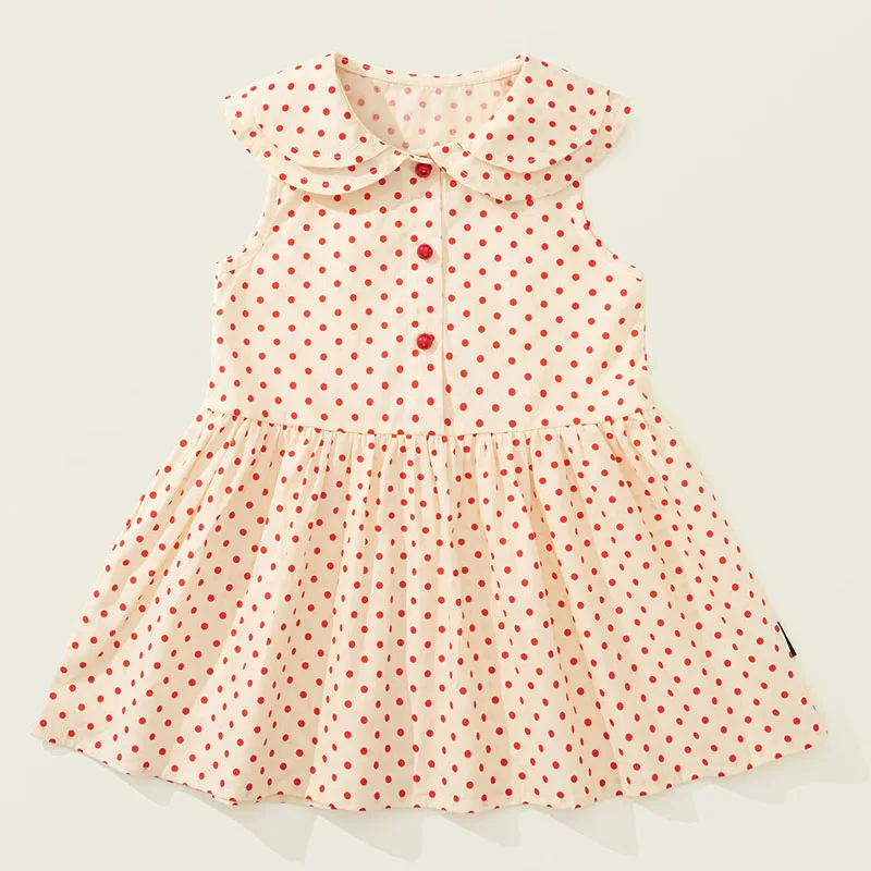 Ropa de verano para niña pequeña, vestido coreano de princesa de algodón sin mangas con cuello de muñeca de lunares, vestidos de bebé, ropa de Boutique para niños B058
