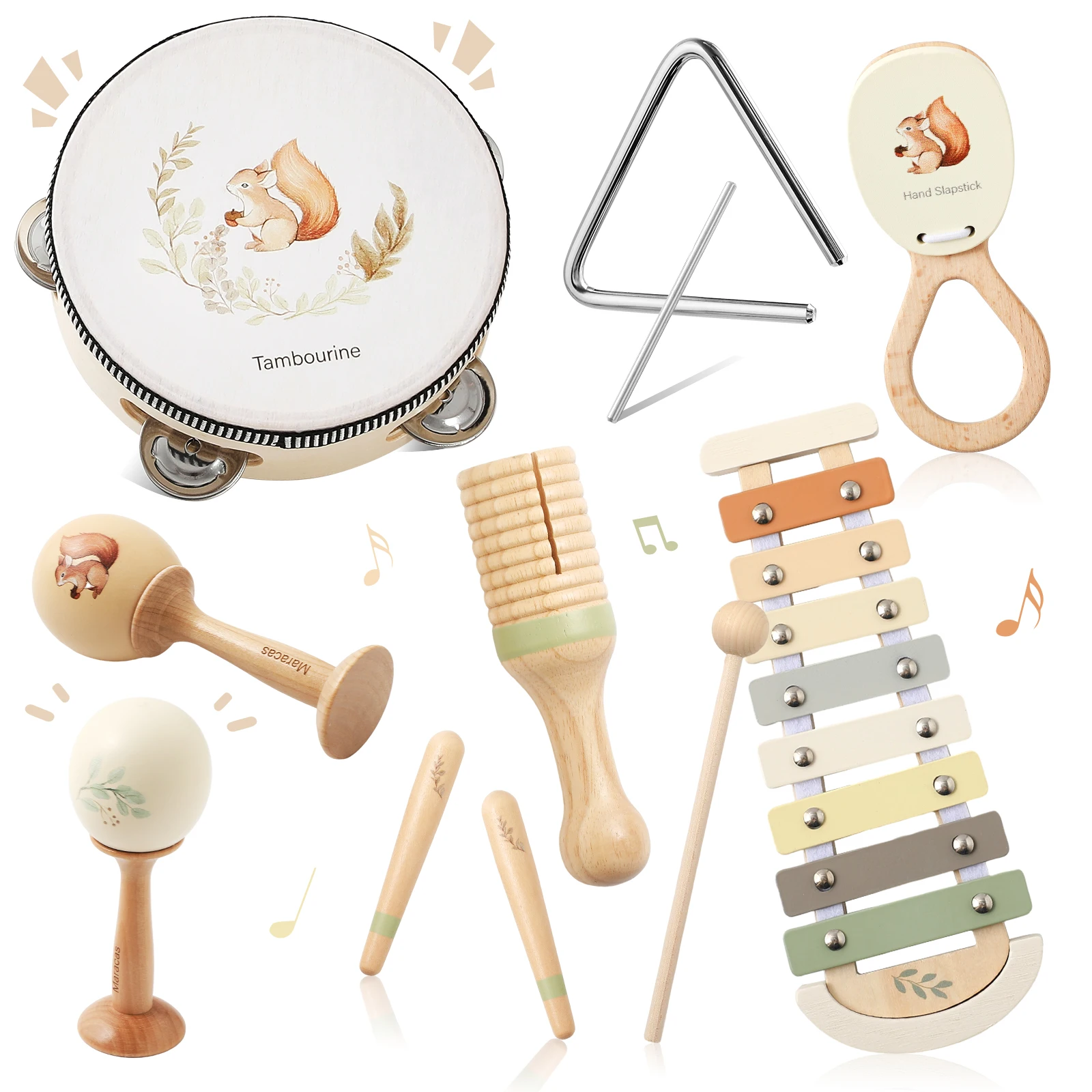 Juguetes musicales para bebés, juegos de instrumentos musicales de madera Montessori para niños, ardilla, Maracas, tambor, xilófono, Sensor de educación temprana, juego de juguetes