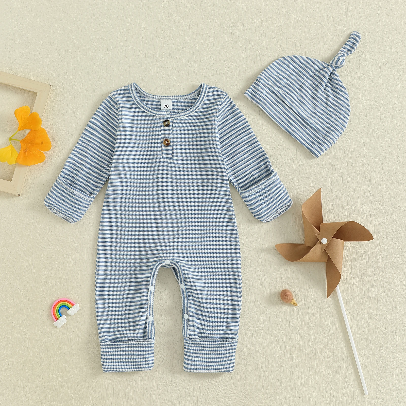 Ropa de otoño para bebé de 0 a 9 meses, pelele con estampado de rayas, mono largo con cuello redondo y manga larga con sombrero, conjunto de 2 uds. - imagen 2