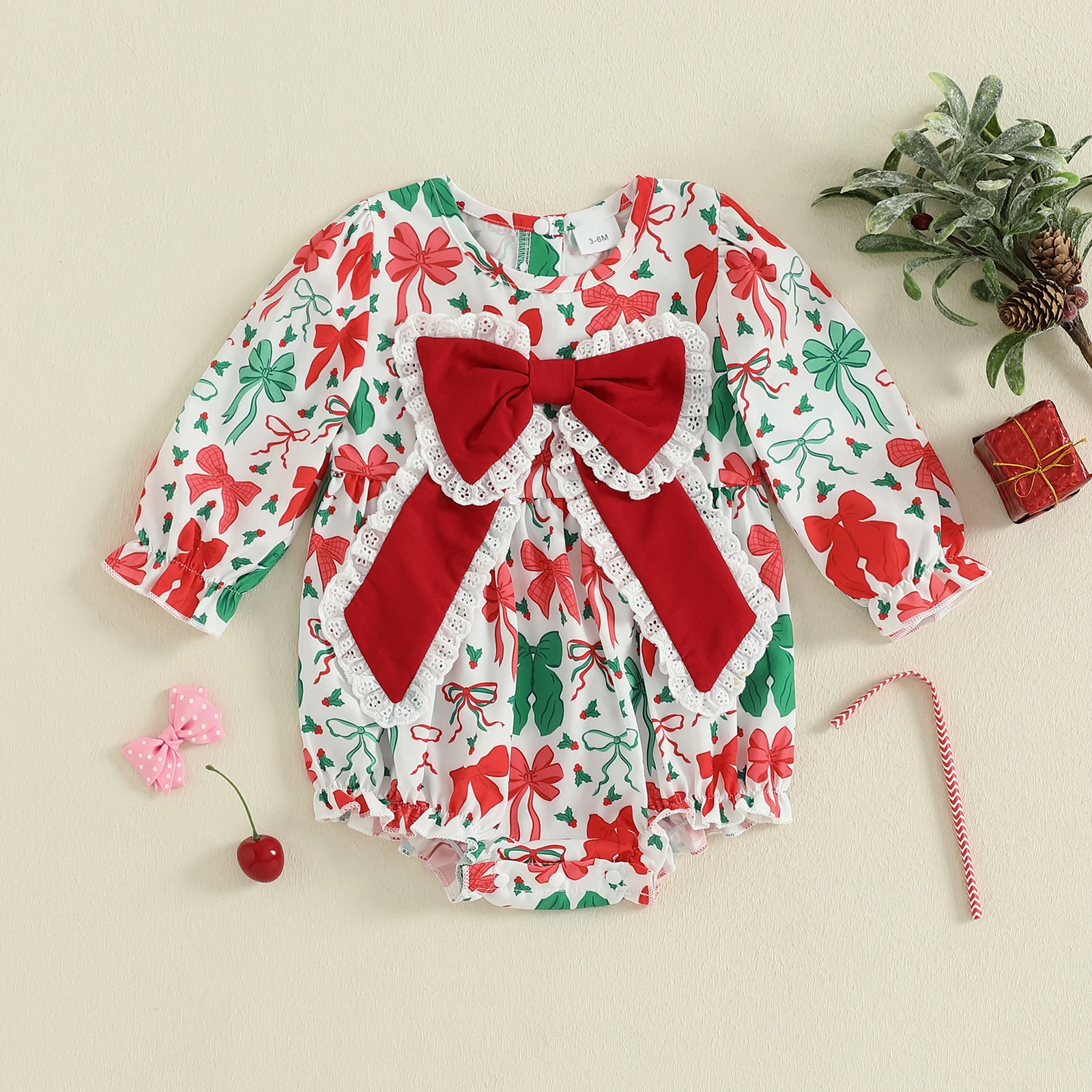 Pelele de Navidad para niñas de 0 a 18 meses, mono con estampado de lazo y cuello redondo de manga larga, ropa informal para uso diario