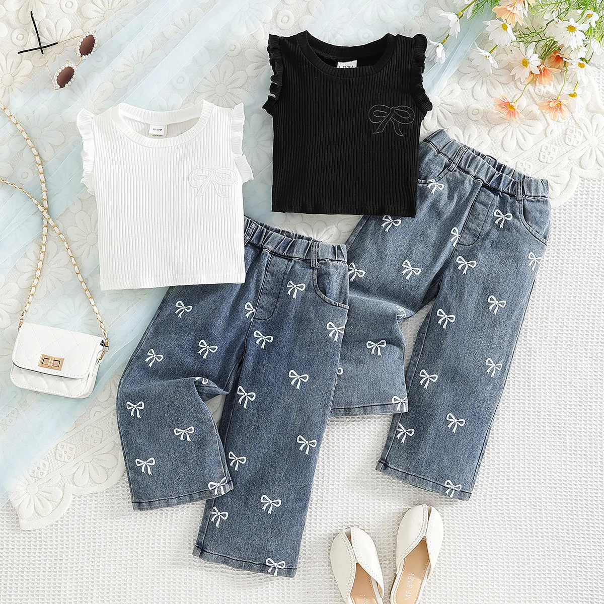 Ropa de verano de 2 piezas para bebés, conjuntos de trajes para niñas, Tops de algodón sin mangas con lazo a la moda coreana + pantalones vaqueros sueltos, ropa de Boutique para niños BC510 - imagen 5