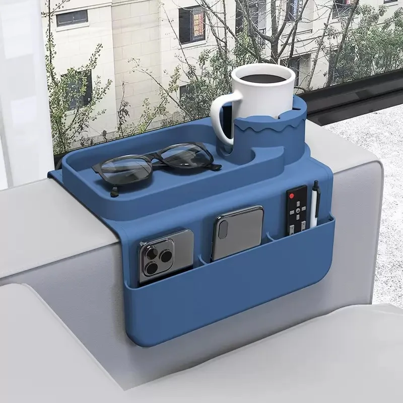 Posavasos de silicona para sofá, bandeja portavasos, reposabrazos para sofá, caja de almacenamiento con accesorios, bolsillo lateral para Control remoto y bebidas