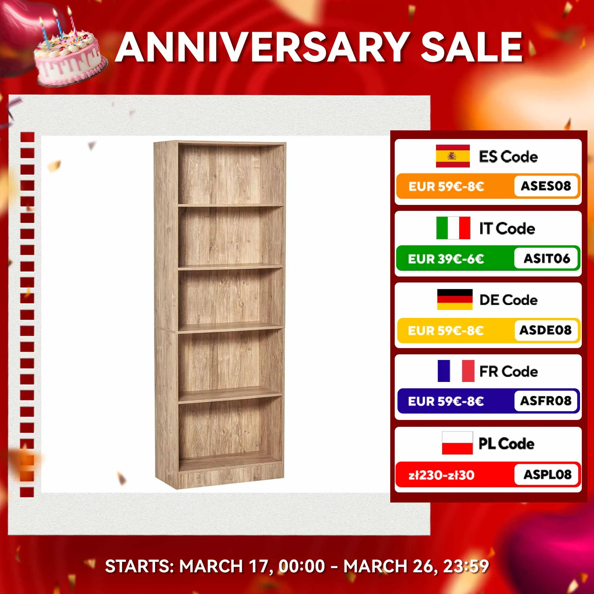 HOMCOM Librería Estantería de 5 Niveles para Libros con 3 Baldas Ajustables para Oficina Estudio 63x29,5x176 cm