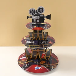 Soporte de pastel de fiesta de cine nocturno de película de 3 niveles, soporte de exhibición para aperitivos, soporte para estante de tiempo, decoración de bandeja de pastel para fiesta de cumpleaños