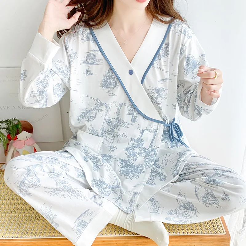 Dulce estampado de algodón maternidad pijamas de lactancia traje de otoño ropa de dormir de alimentación para mujeres embarazadas conjunto de ropa de dormir de embarazo - imagen 4