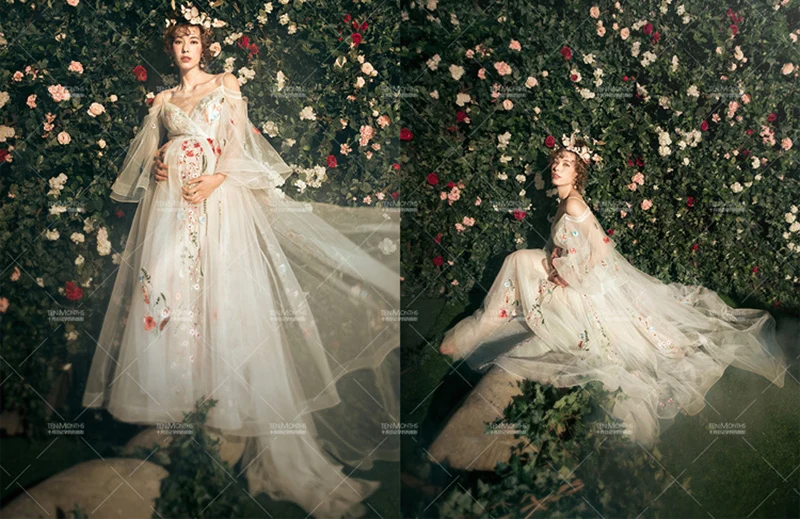 Vestidos de maternidad sexys con hombros descubiertos, vestido de cola de tul de encaje con cuello en V, accesorios de fotografía, fiesta de banquete, ropa de mujer - imagen 5