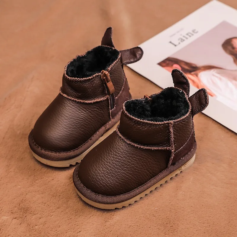 Botas de invierno de cuero genuino para niños, zapatos para bebés y niños, botas de nieve infantiles de felpa, zapatos antideslizantes de suela blanda para niños pequeños - imagen 5