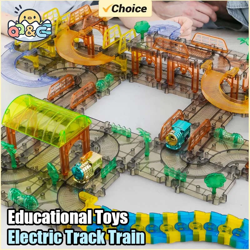 Tren de vía eléctrica transparente, rompecabezas de tren de coche de juguete, pista de montaje artesanal, juguetes educativos para niños, regalos de cumpleaños