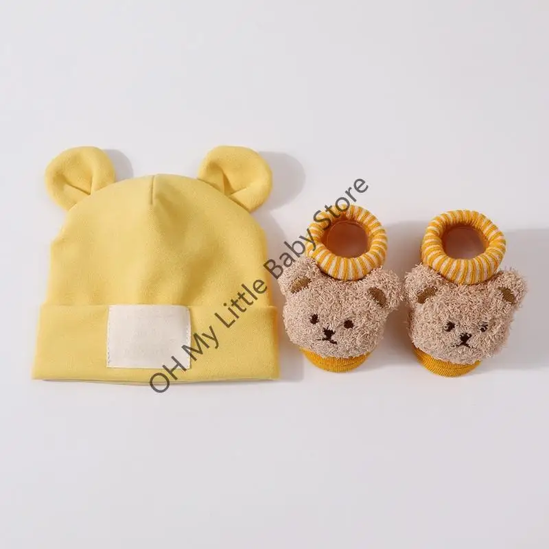 M76C Patrón oreja transpirable Baby Hat and Calcets Elástico Mezcla poliéster algodón Mezcla suave en piel sensible - imagen 2