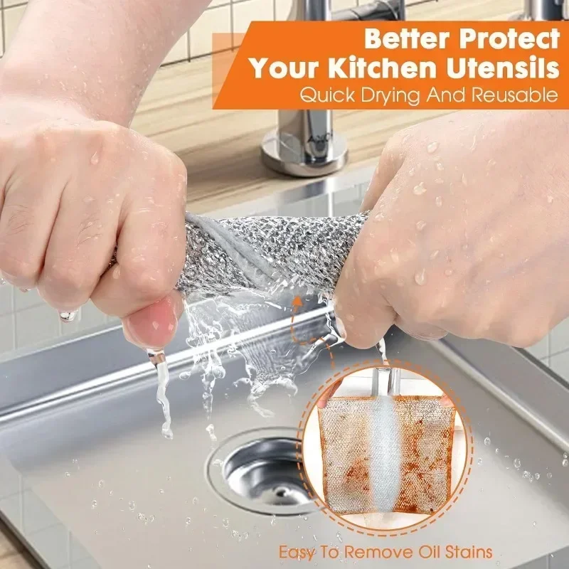Alambre de plata para lavar platos, alambre de acero 20/1x paños de limpieza, toallas de Metal de doble capa, olla de cocina, sartén, plato, trapos de aceite antiadherentes - imagen 5