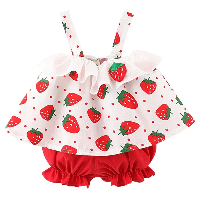 Conjunto de ropa de verano para niña pequeña, Tops sin mangas y pantalones cortos de algodón con estampado de fresas de dibujos animados, BC076, 2 piezas