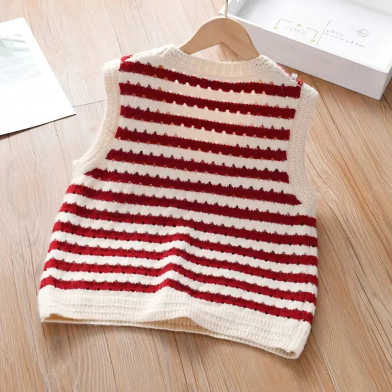Suéter a rayas para niños, chaleco fino de punto para niñas con cuello en V, chaleco para bebé, suéter sin mangas, chaleco suave para primavera y otoño - imagen 3