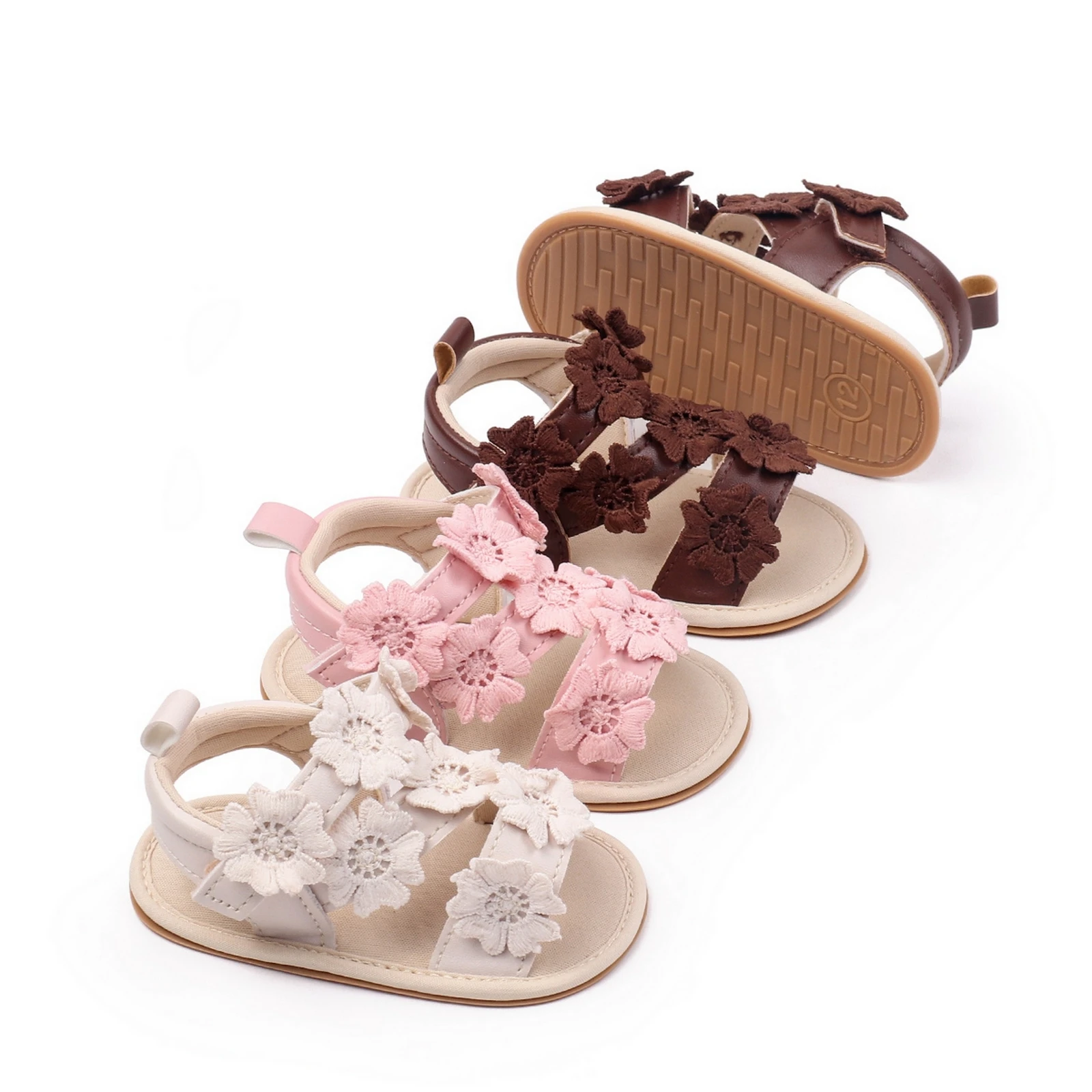 Sandalias para niña, zapatos planos de verano con flores antideslizantes de cuero PU flexibles para uso diario informal