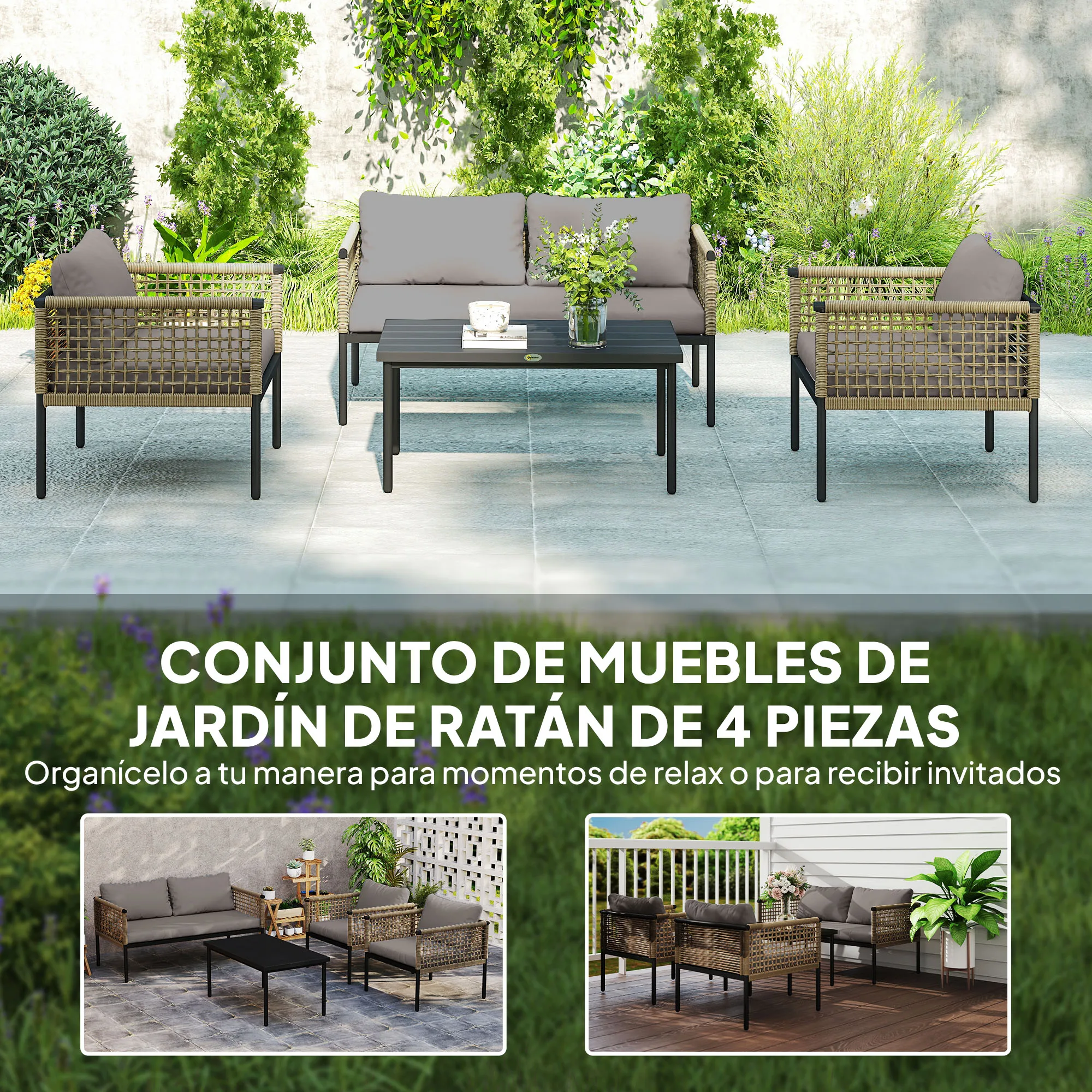 Outsunny Conjunto de Jardín Exterior de Ratán Sintético de 4 Piezas Muebles de Jardín Exterior Incluye 1 Sofá Doble 2 Sillones y Mesa de Centro con Cojines Natural y Gris - imagen 5