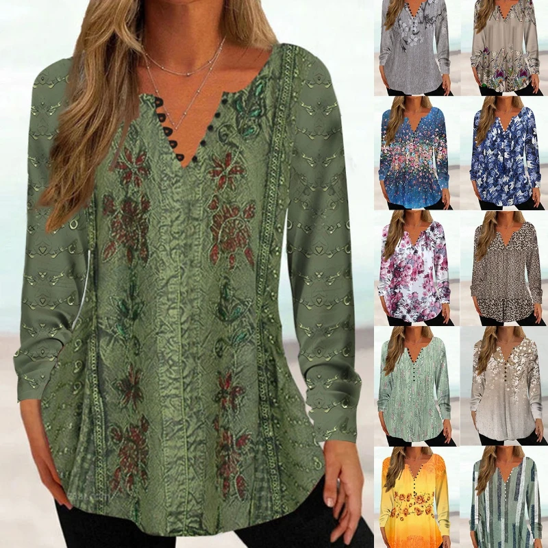 Camiseta de manga larga con cuello en V de estilo europeo americano para mujer para primavera y otoño Top informal con botones y estampado 3D para Navidad - imagen 3