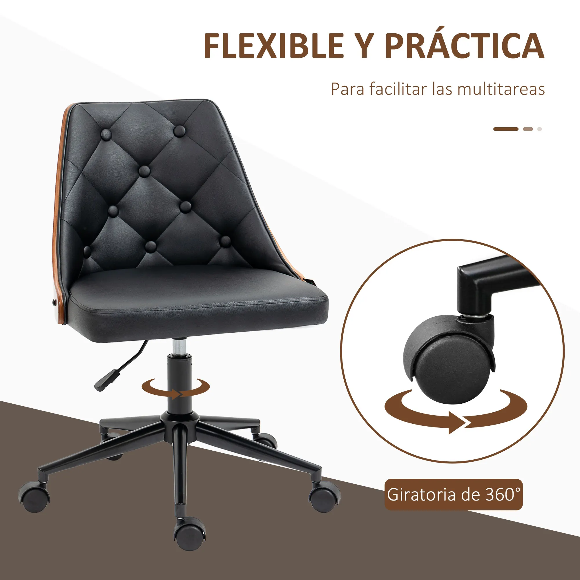Vinsetto Silla de Oficina Giratoria Silla de Escritorio Ergonómica Tapizadas en Cuero PU con Altura Ajustable Función de Basculante para Salón Dormitorio Oficina 54x54,5x76-86 cm Negro - imagen 4
