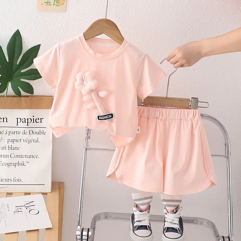 Nuevo conjunto de ropa de verano para niñas, camiseta de manga corta, pantalones cortos, 2 unids/set, ropa para niños, disfraz deportivo informal para niños pequeños
