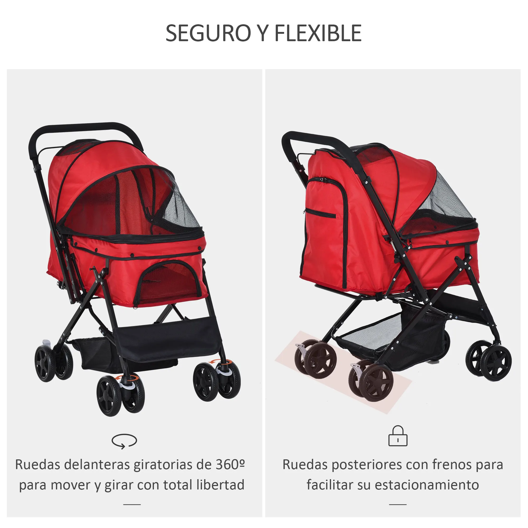 PawHut Cochecito para Mascotas Plegable con Toldo Ajustable Cesta de Almacenaje Correas de Seguridad y Frenos 76,5x52x95 cm - imagen 4