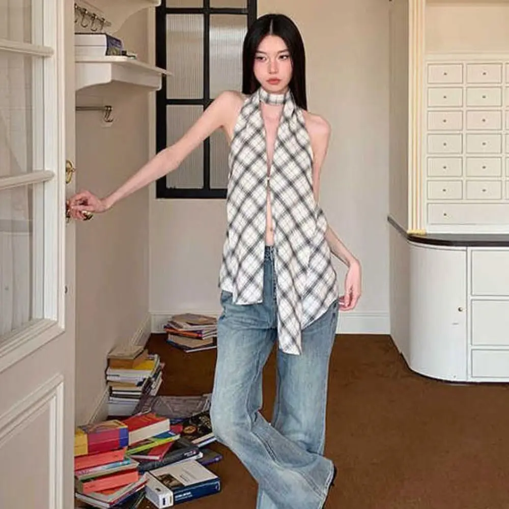 Camisola sin mangas con cuello Halter y rejilla a la moda, Tops cortos ajustados irregulares, chaleco con tirantes divididos para chica picante, viaje - imagen 2